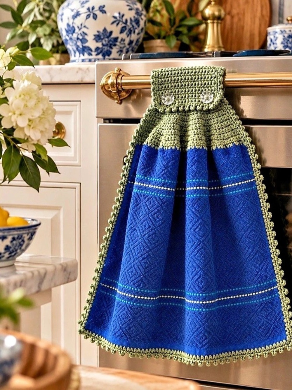 Artisan Handmade Crochet Hanging Kitchen Towel Cobalt Blue Sage Green
